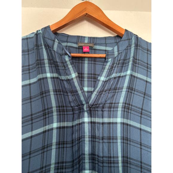 Vince Camuto Plaid Ruffle Sleeve Blouse Blue Teal Check V-Neck Casual Top Medium - Picture 2 of 10